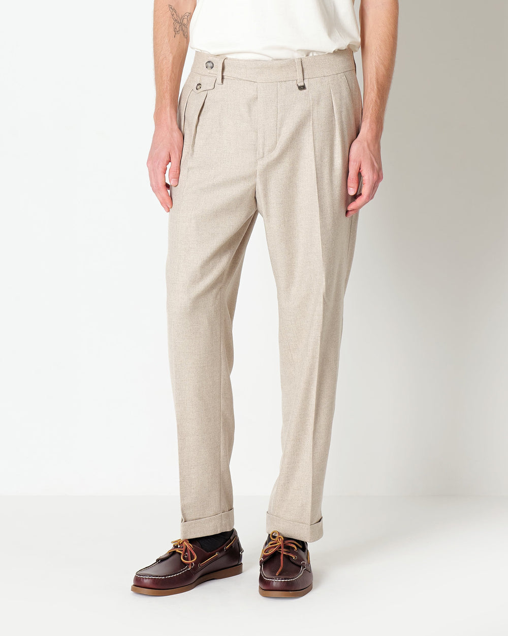 beige double pleat stretch wool blend twill trousers