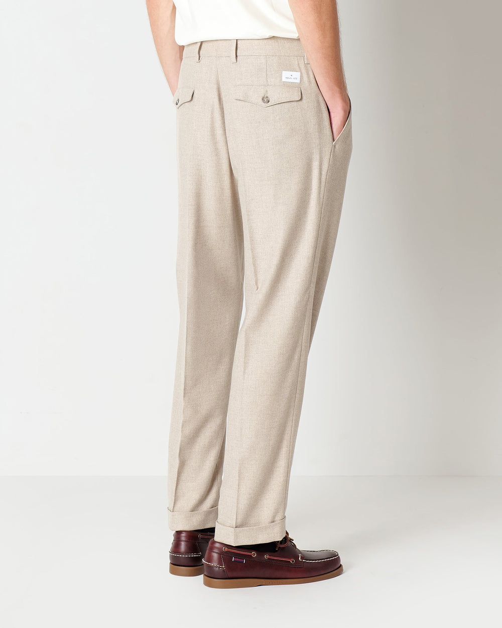 beige double pleat stretch wool blend twill trousers
