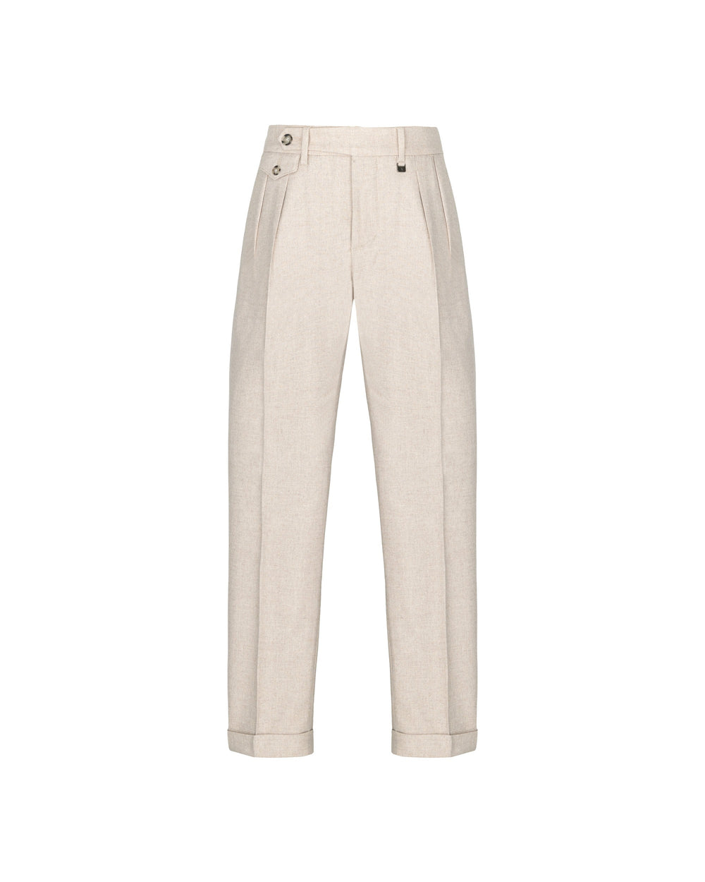 beige double pleat stretch wool blend twill trousers