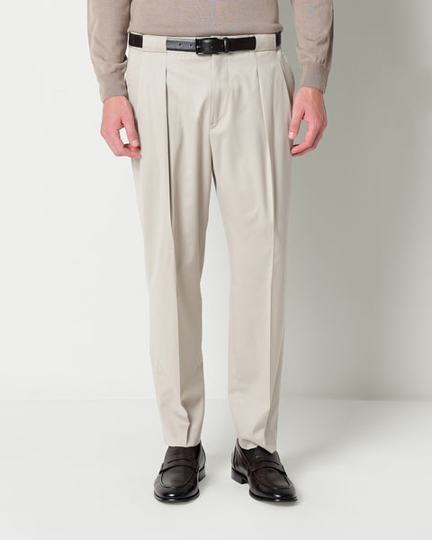 stretch wool double pleated trousers