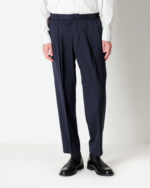 blue stretch wool double pleated trousers