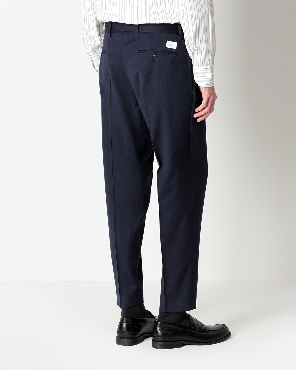 blue stretch wool double pleated trousers