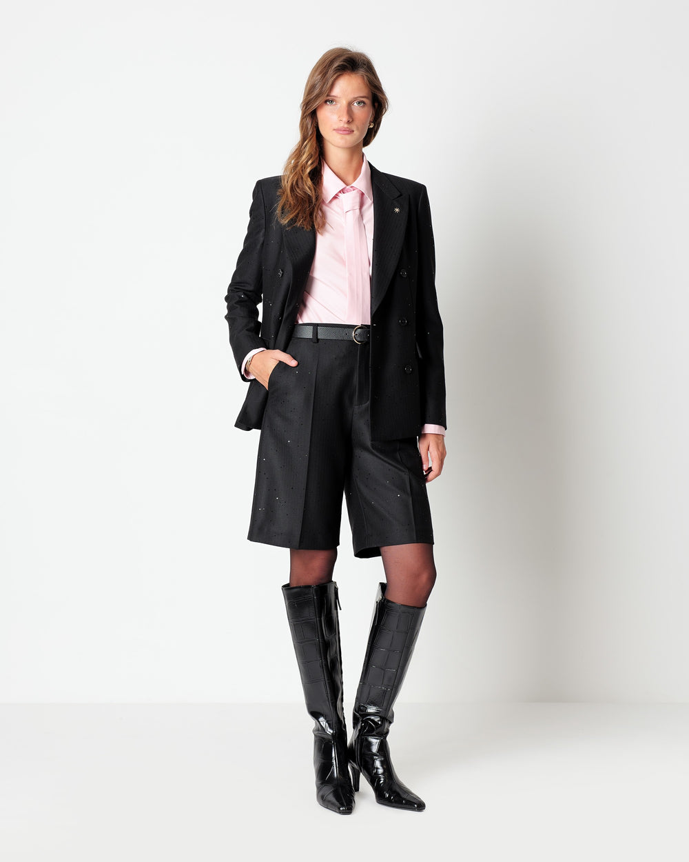 black pinstriped bermuda shorts with sequins