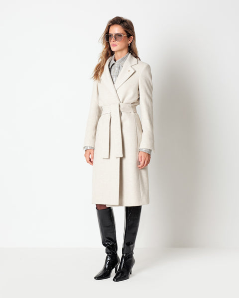 beige coat with belt chevron paillettes