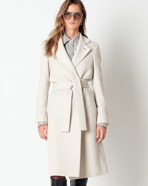 beige coat with belt chevron paillettes