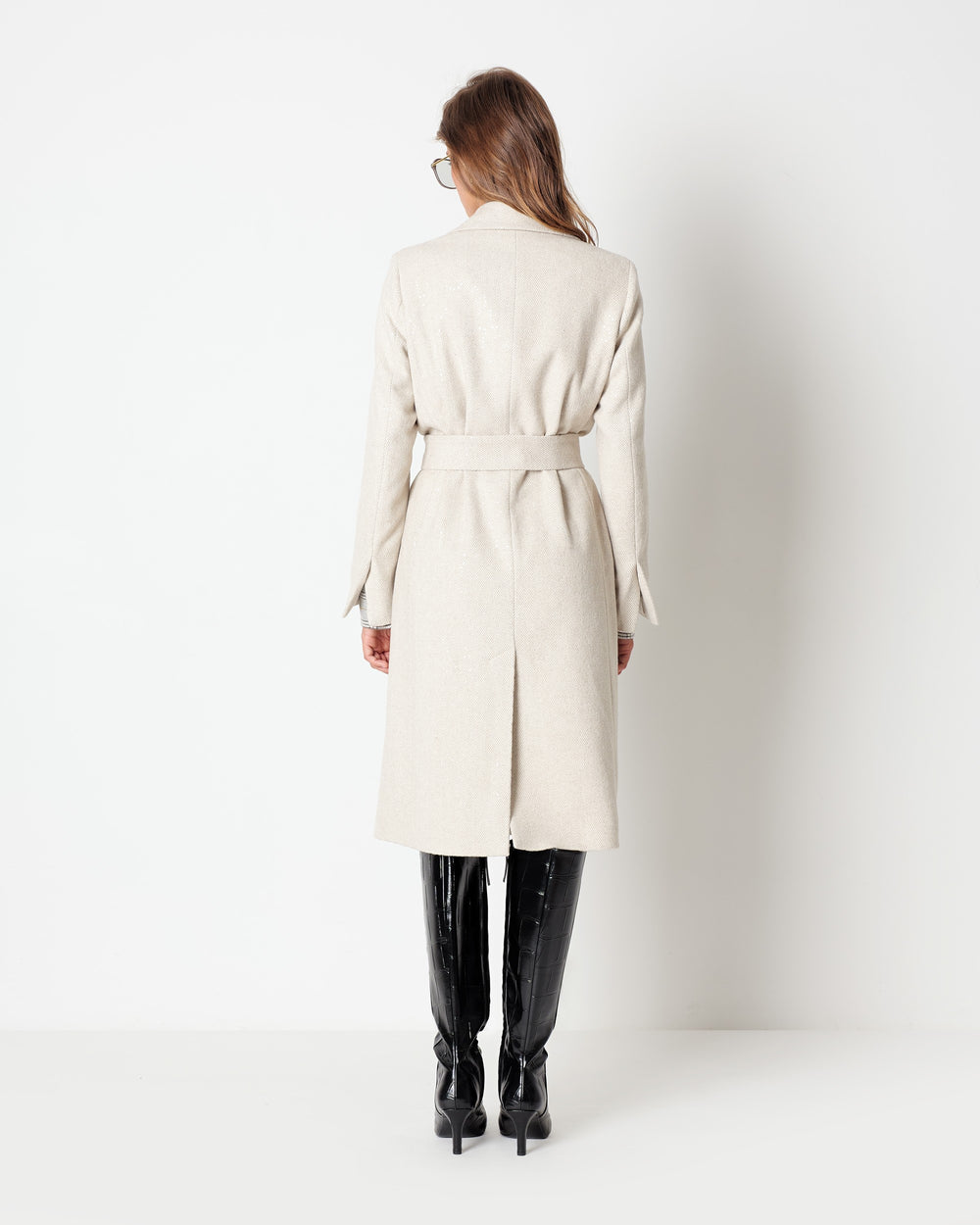 beige coat with belt chevron paillettes