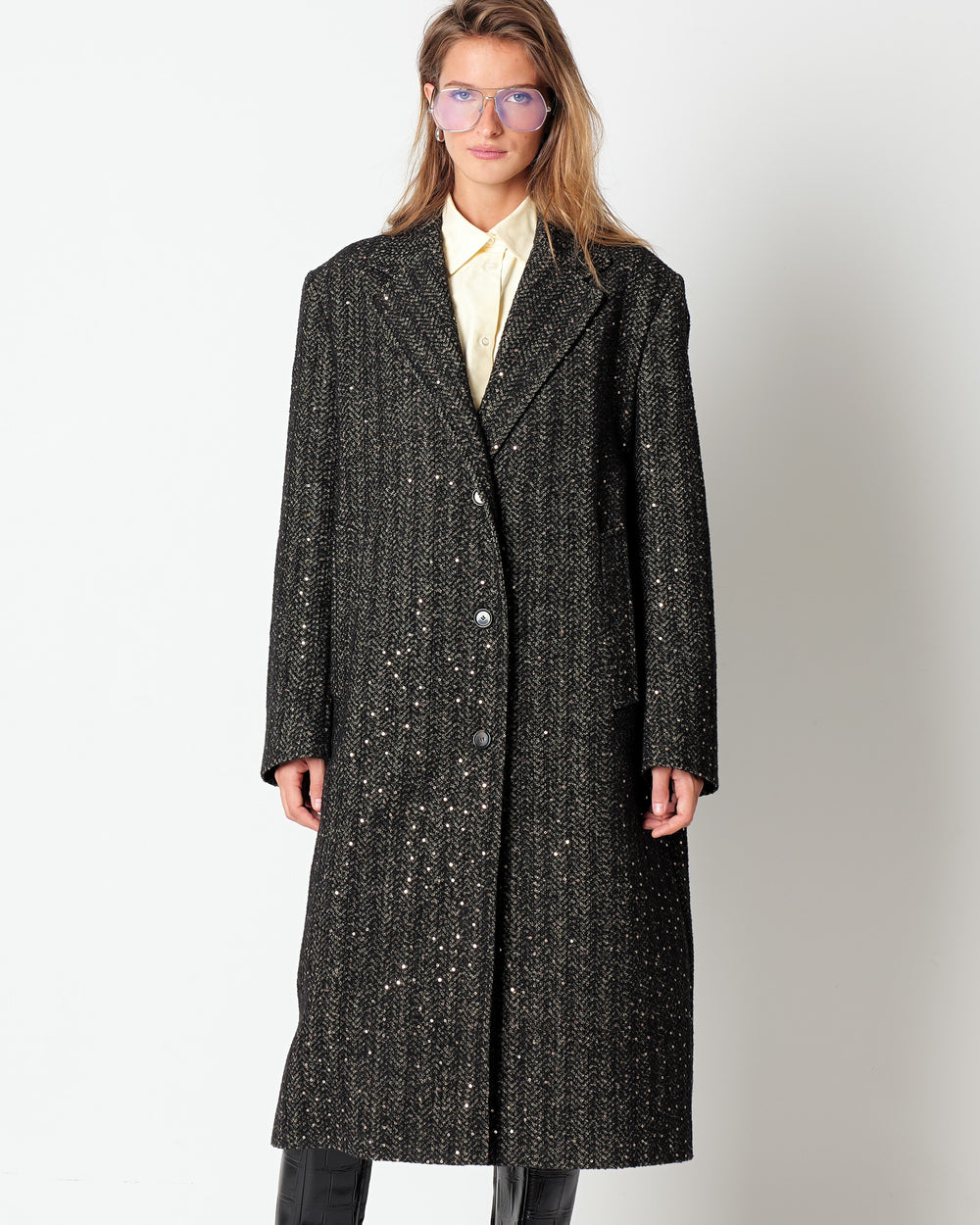 brown chevron coat with sequins