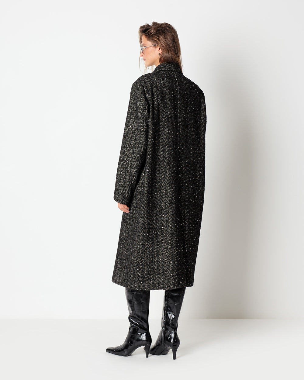 brown chevron coat with sequins