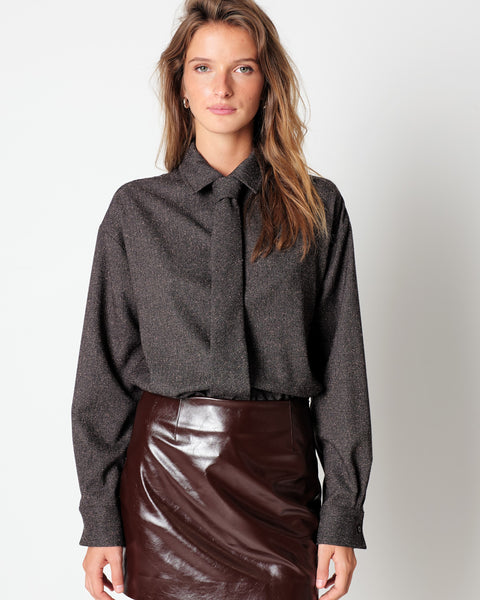 brown melange` poly viscose shirt and tie