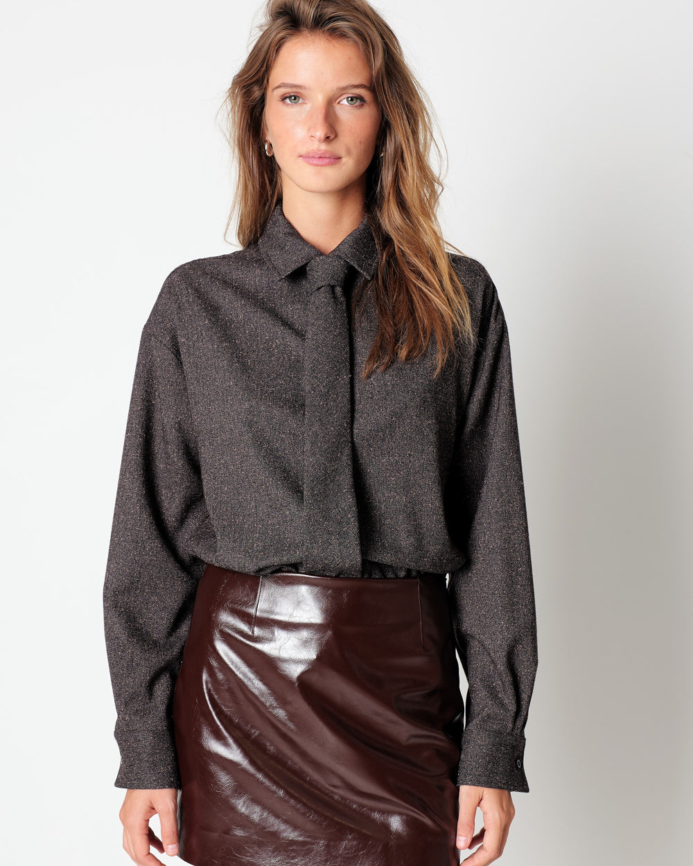 brown melange` poly viscose shirt and tie