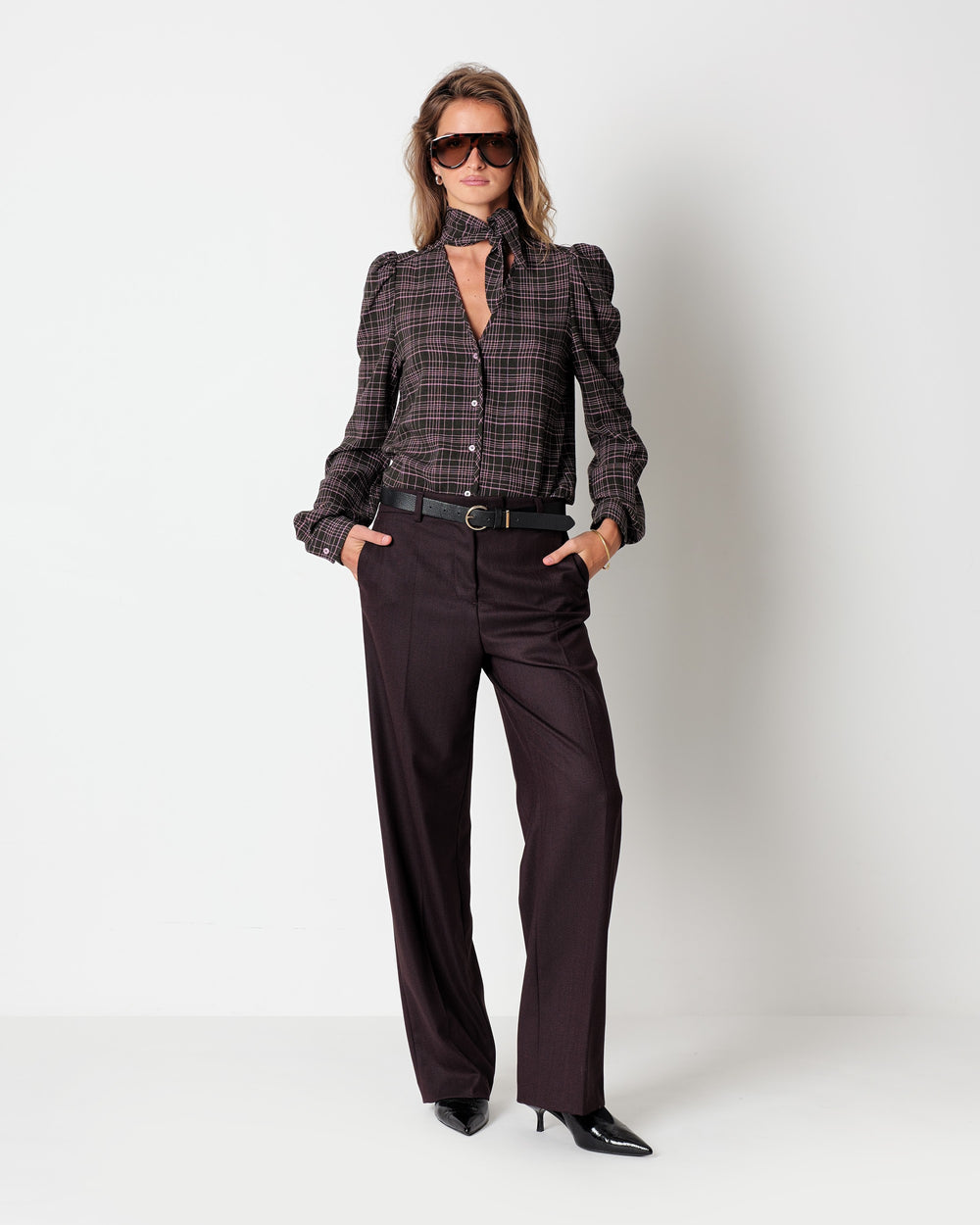 brown viscose wool checked shirt