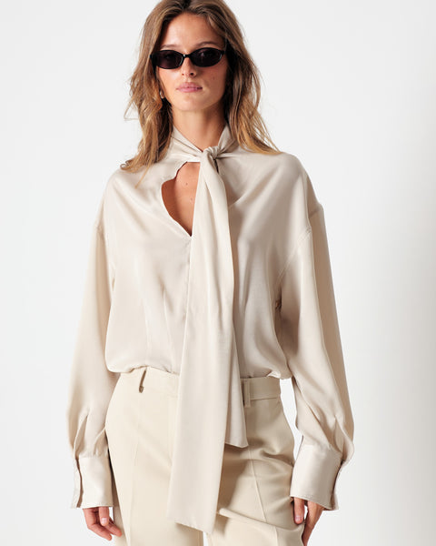 beige satin effect bow tie shirt