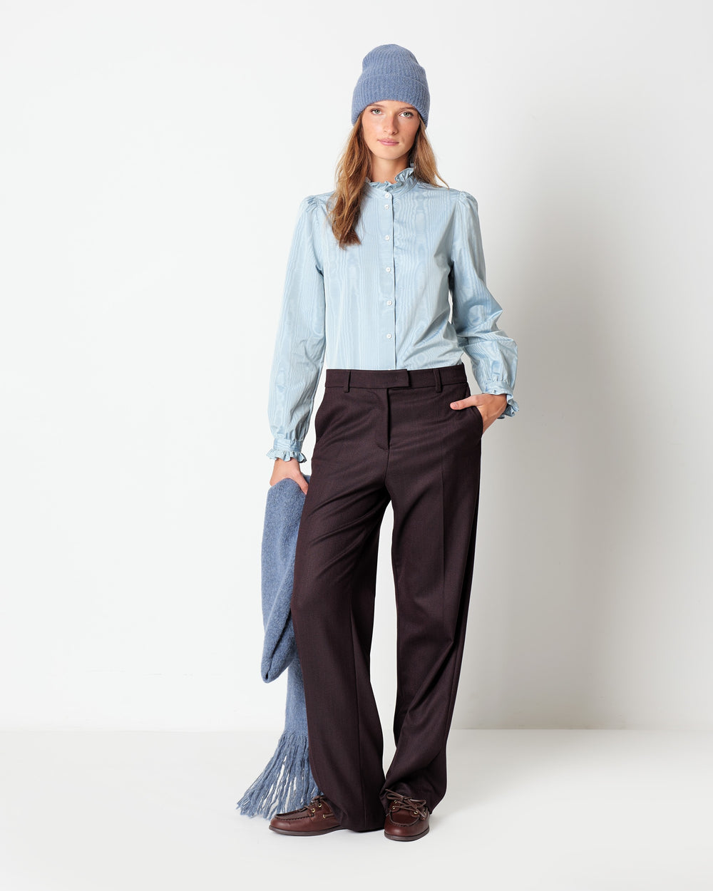 light blue moire` ruffled shirt