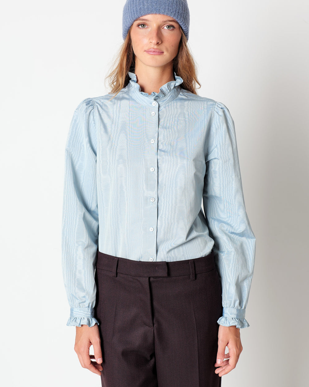 light blue moire` ruffled shirt