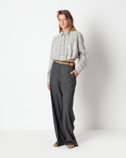 brown cropped checked shirt with all over sequins