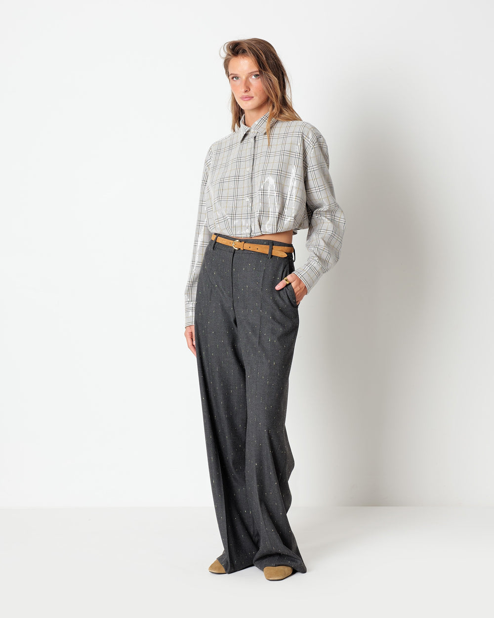 brown cropped checked shirt with all over sequins