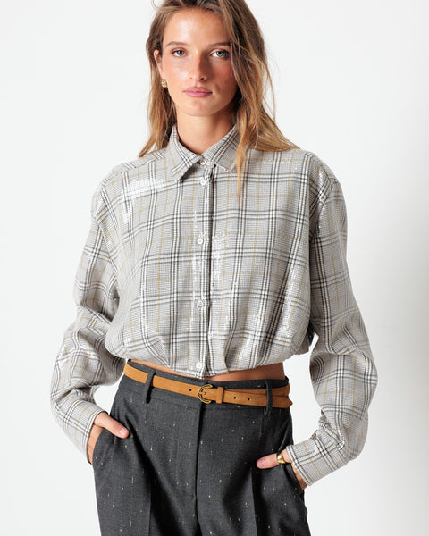 brown cropped checked shirt with all over sequins