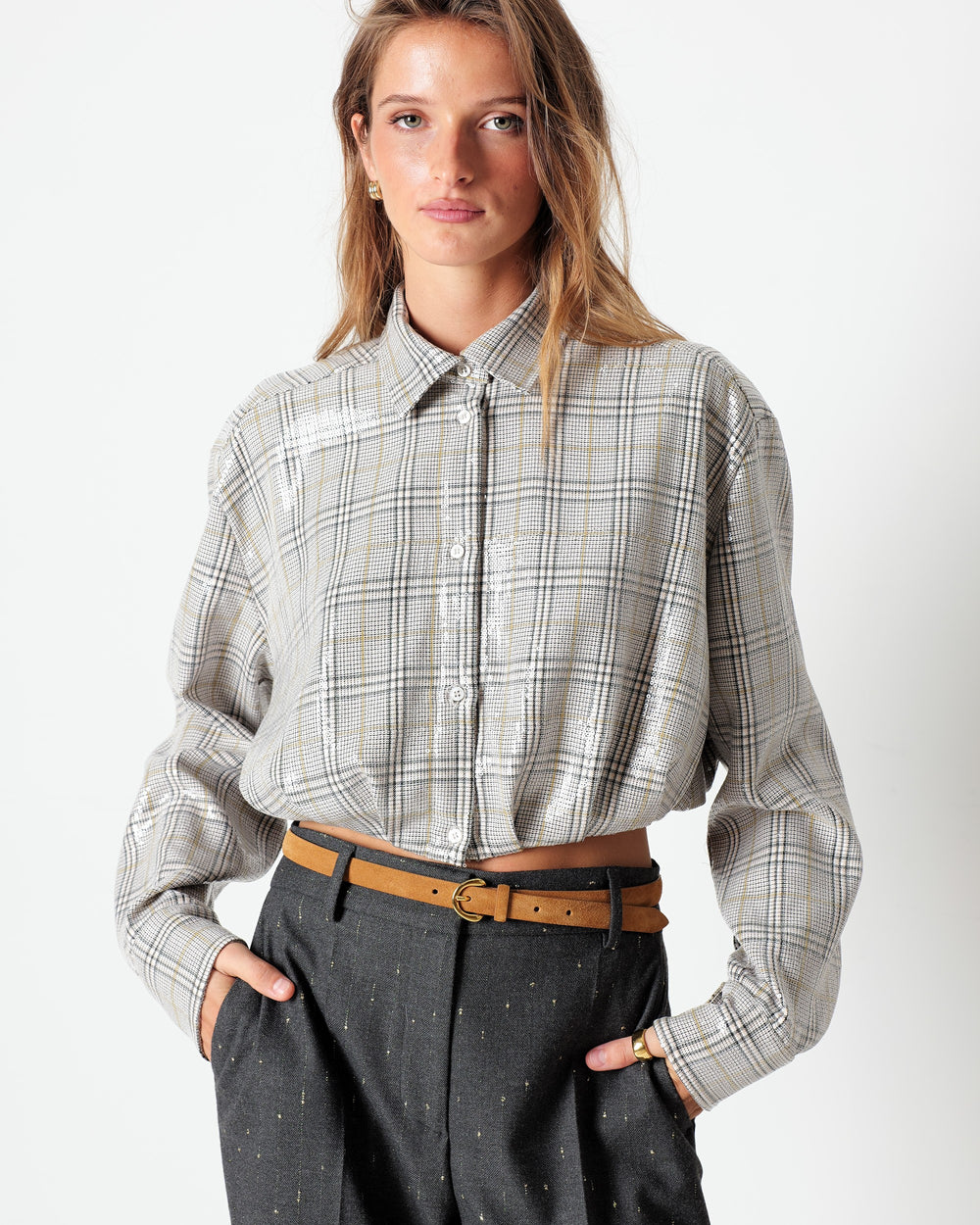 brown cropped checked shirt with all over sequins