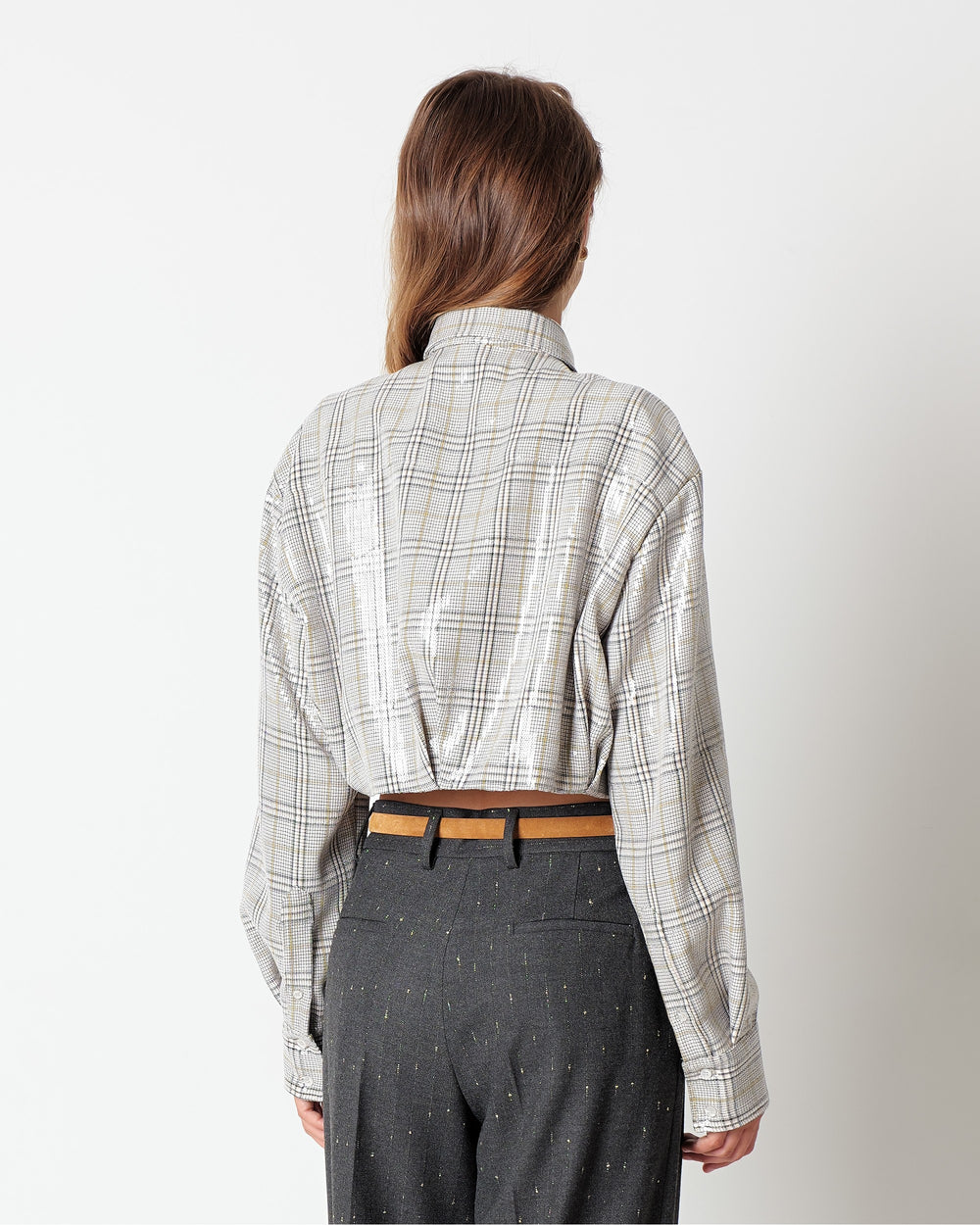 brown cropped checked shirt with all over sequins