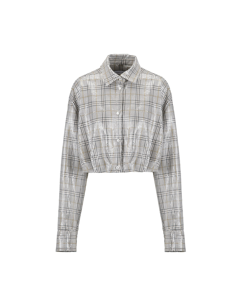 brown cropped checked shirt with all over sequins