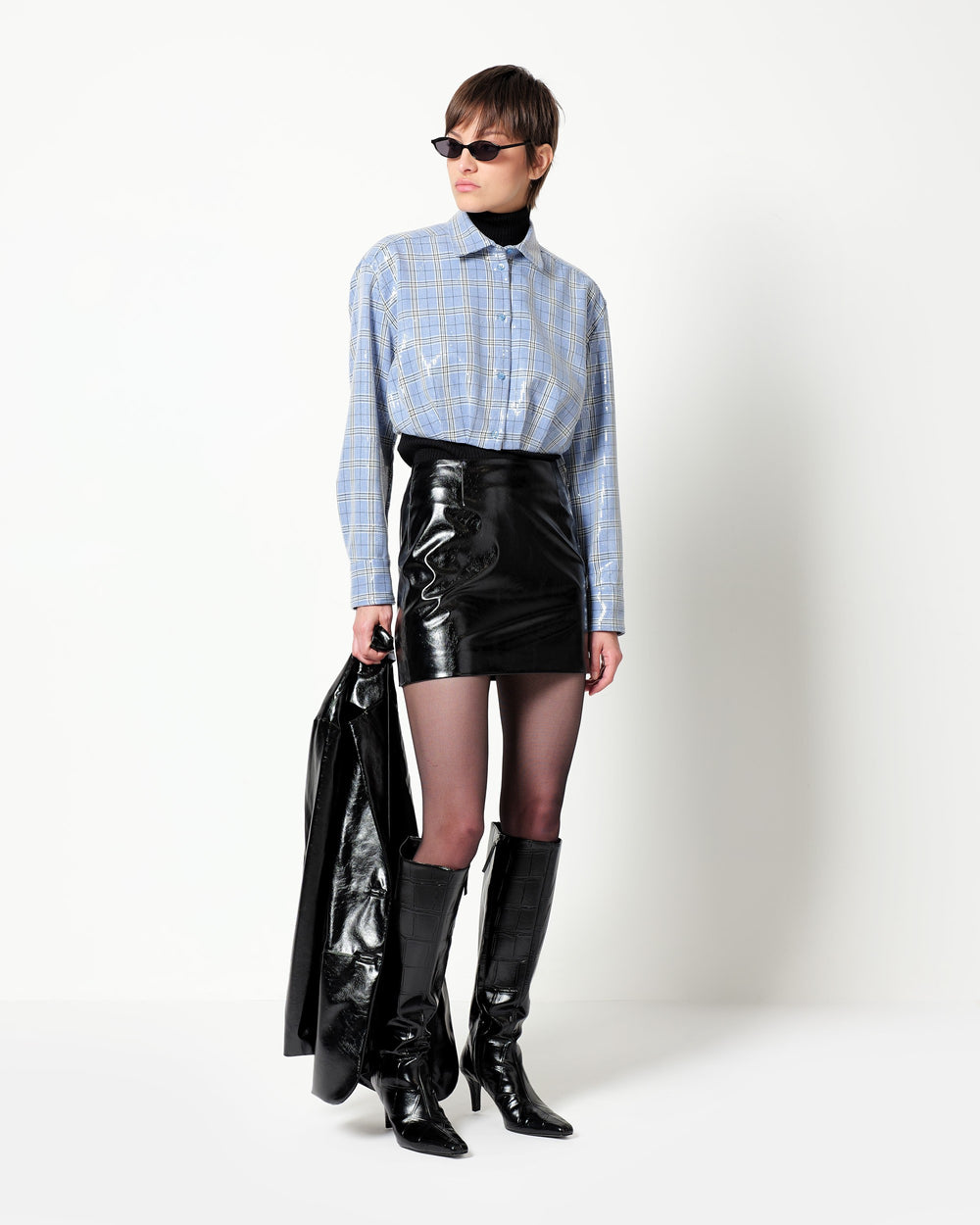 cropped checked shirt with all over sequins