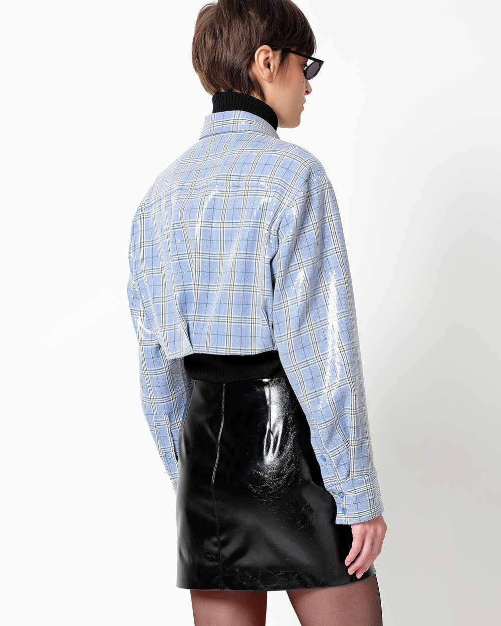 cropped checked shirt with all over sequins