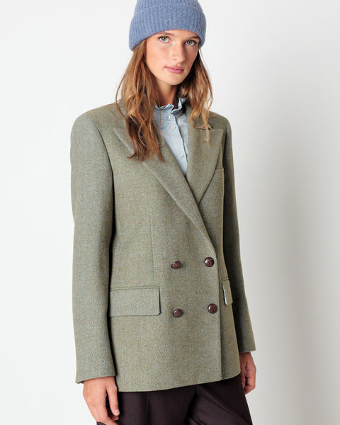 green wool blend chevron double breasted blazer