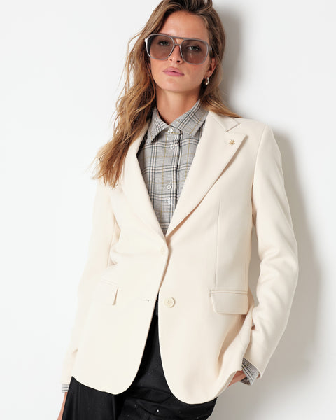 white stretch poly viscose double breasted blazer
