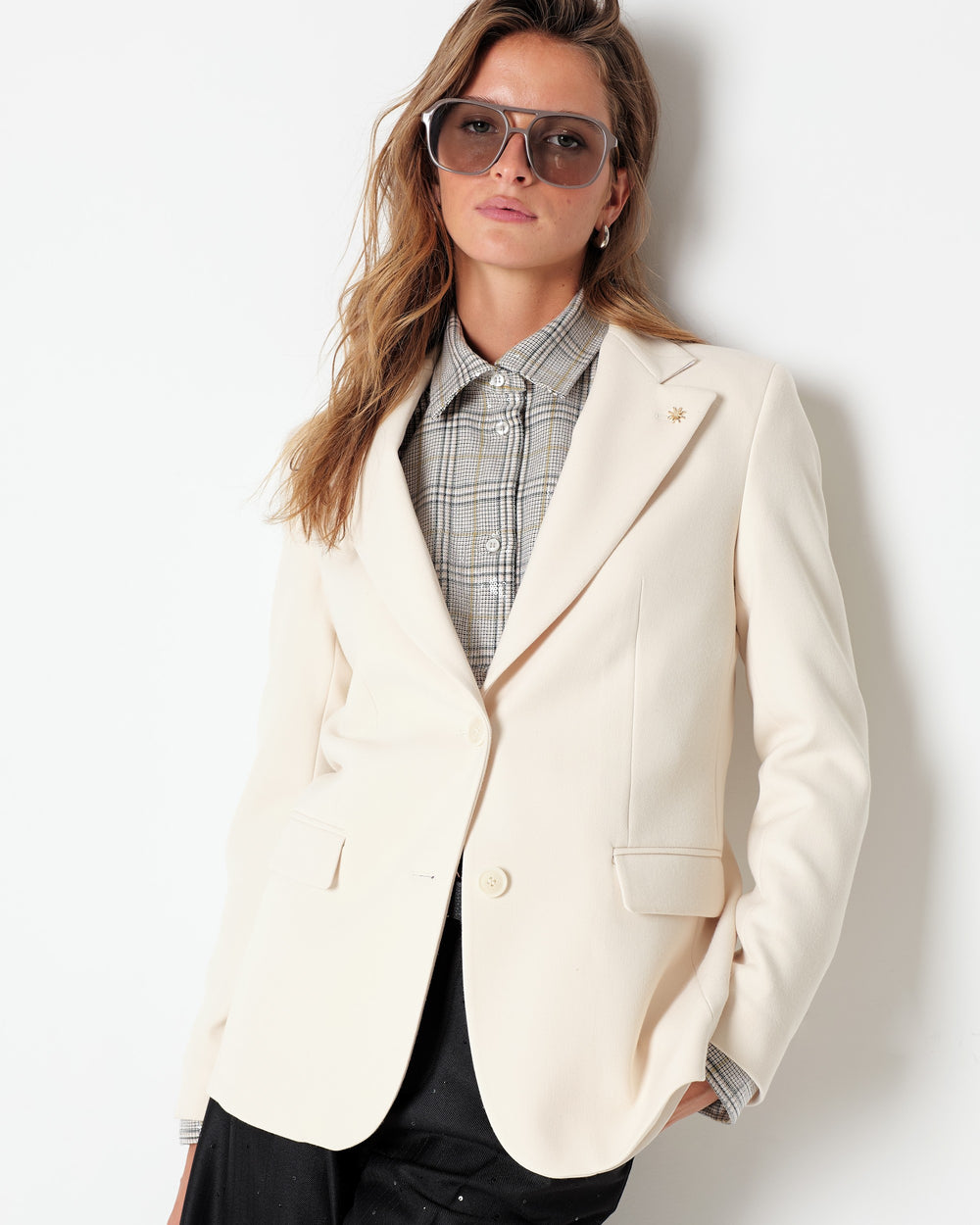 white stretch poly viscose double breasted blazer
