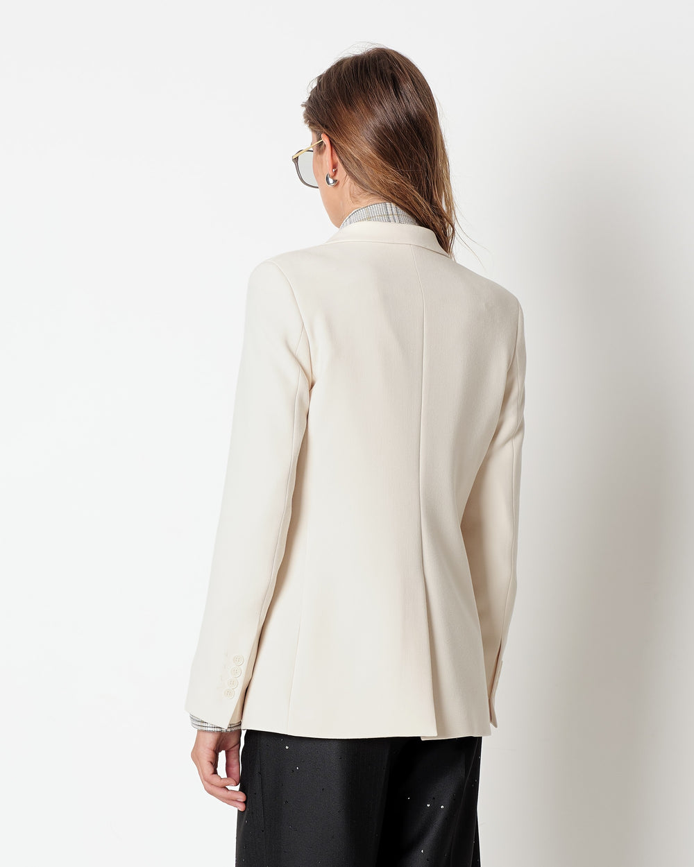 white stretch poly viscose double breasted blazer
