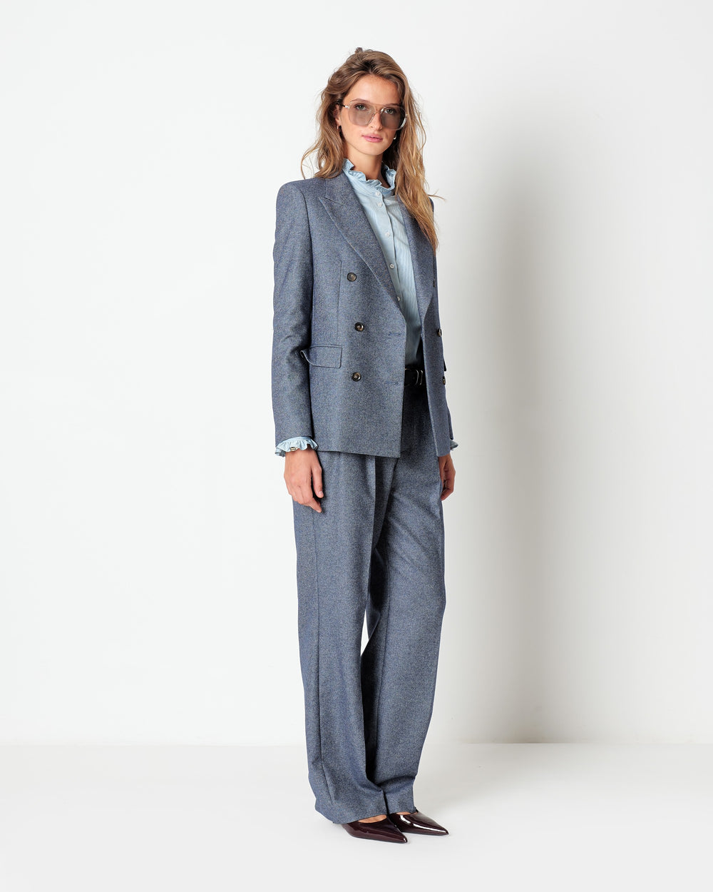 blue denim effect double breasted blazer