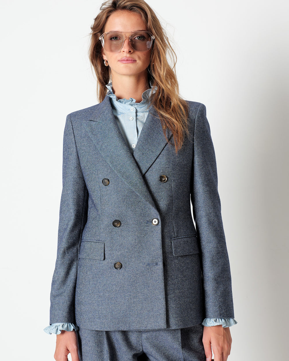 blue denim effect double breasted blazer