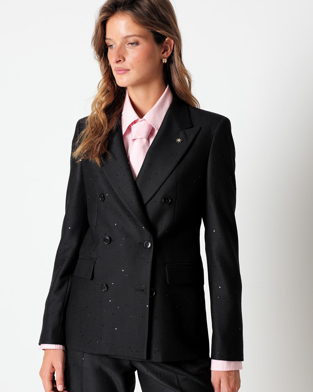 black double breasted pinstripe blazer with sequins
