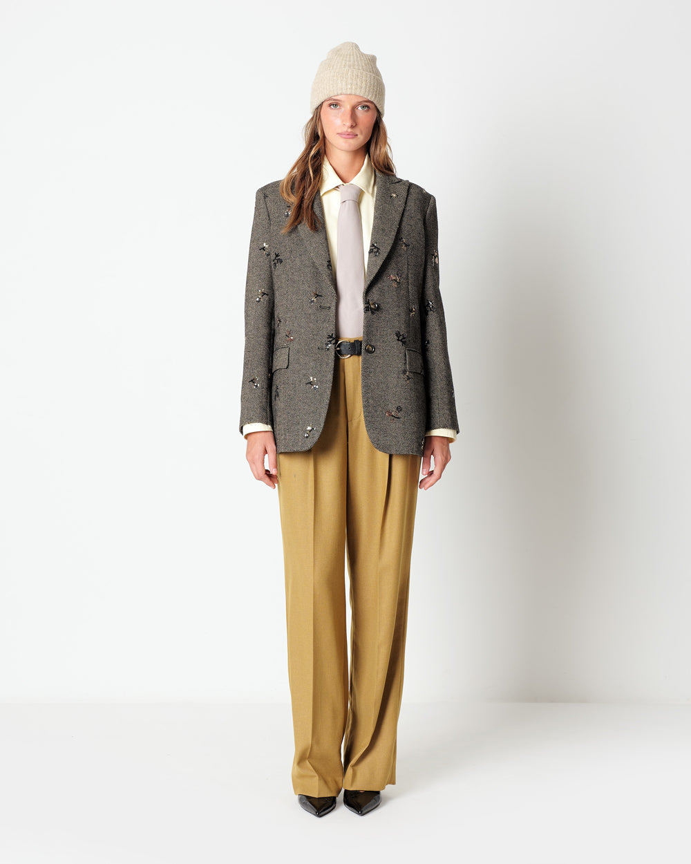 brown chevron blazer with sequin embroidery