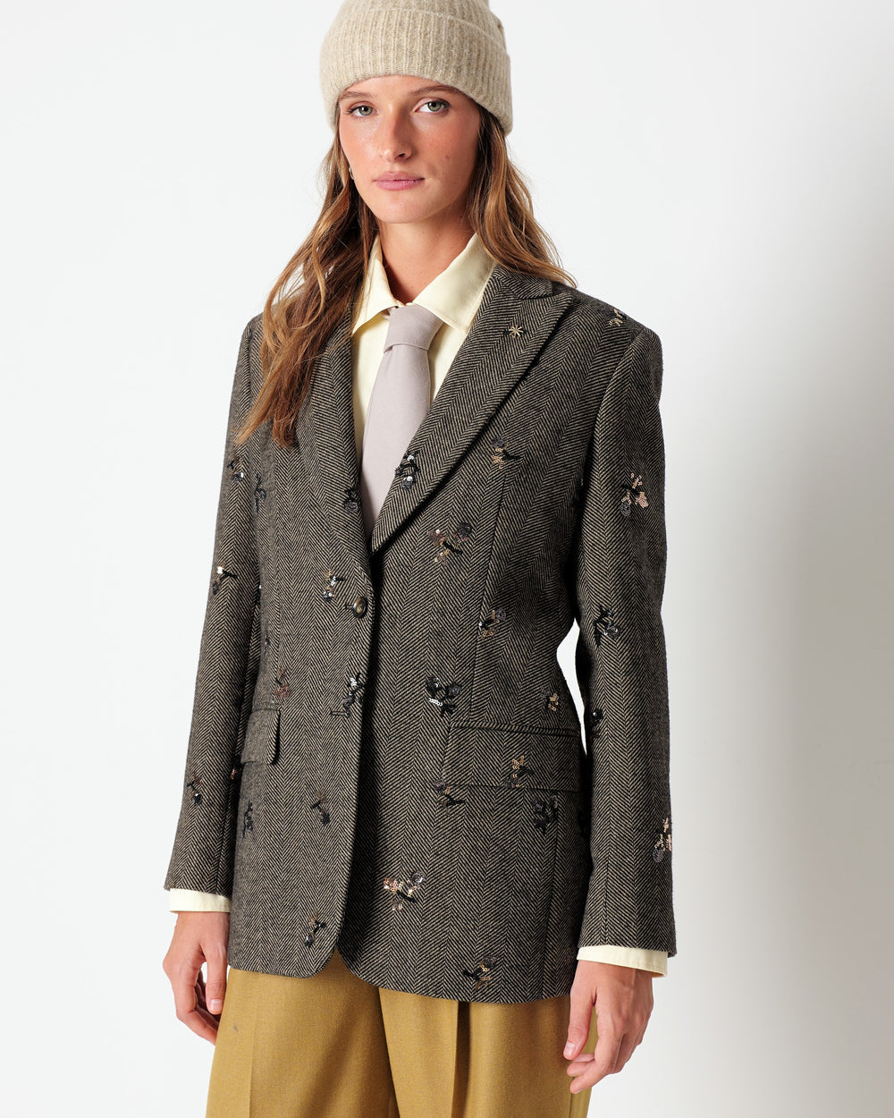 brown chevron blazer with sequin embroidery