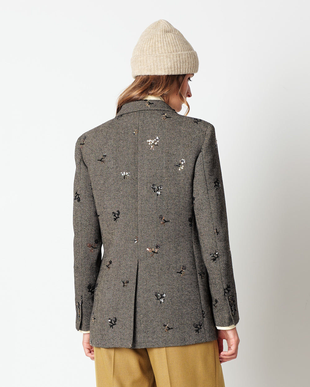 brown chevron blazer with sequin embroidery