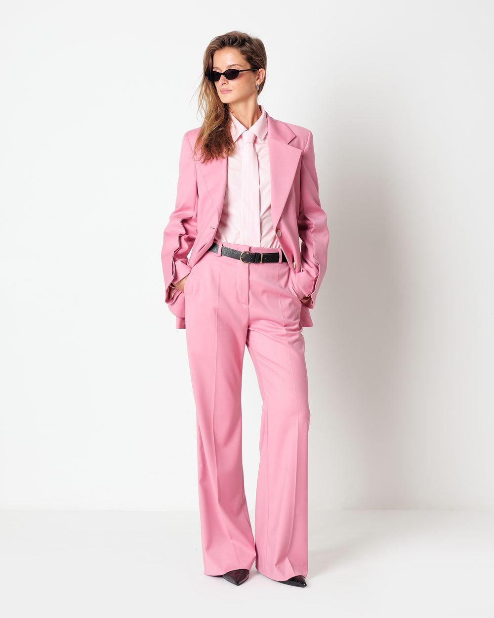 pink wide leg stretch viscose poly trousers