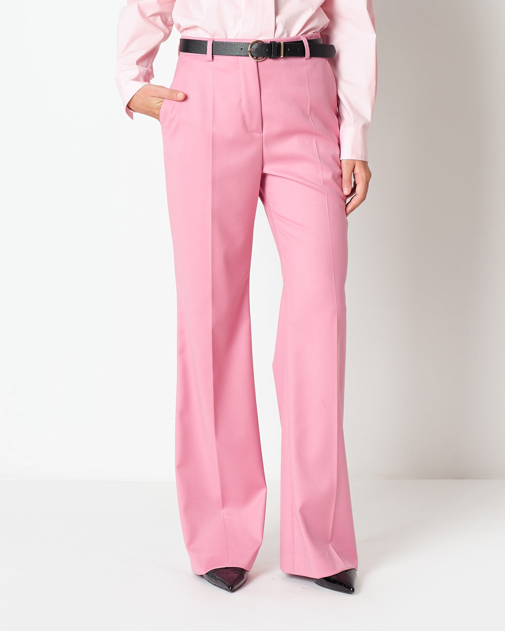 pink wide leg stretch viscose poly trousers