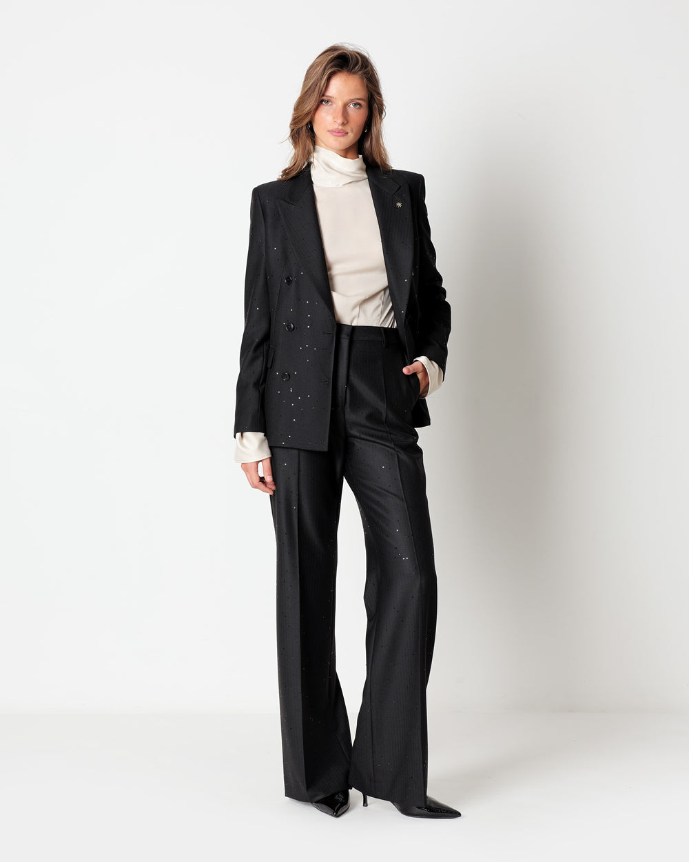 black wide leg pinstriped trousers with sequins