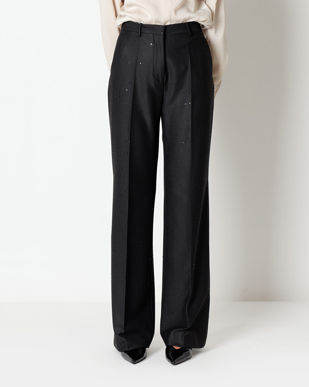 black wide leg pinstriped trousers with sequins