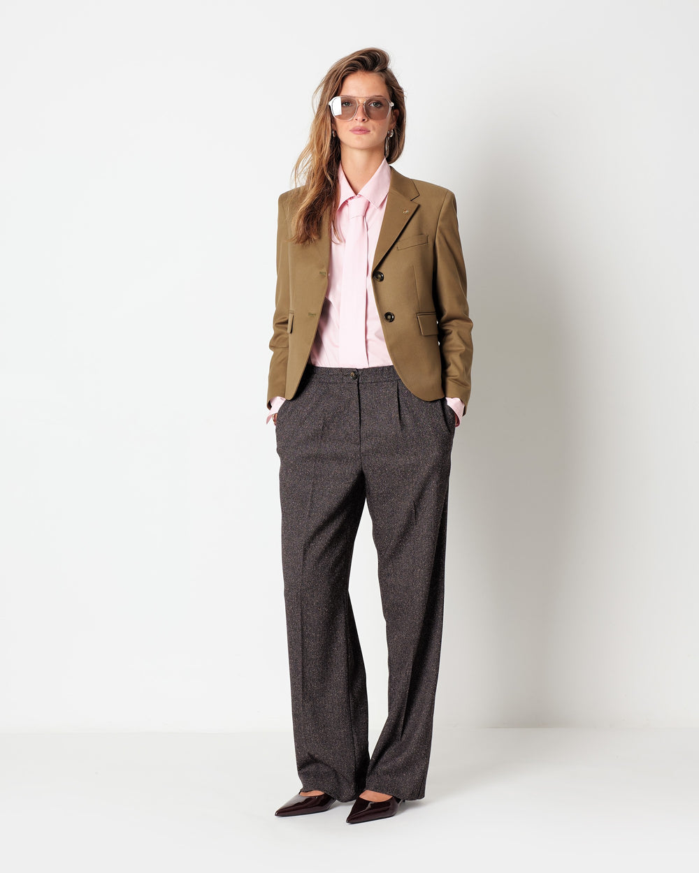 brown melange` viscose poly pleated trousers