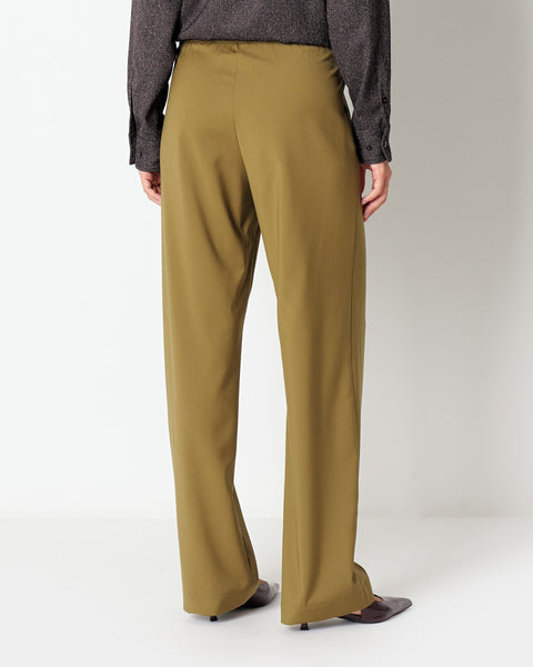 green stretch wool pleated trousers