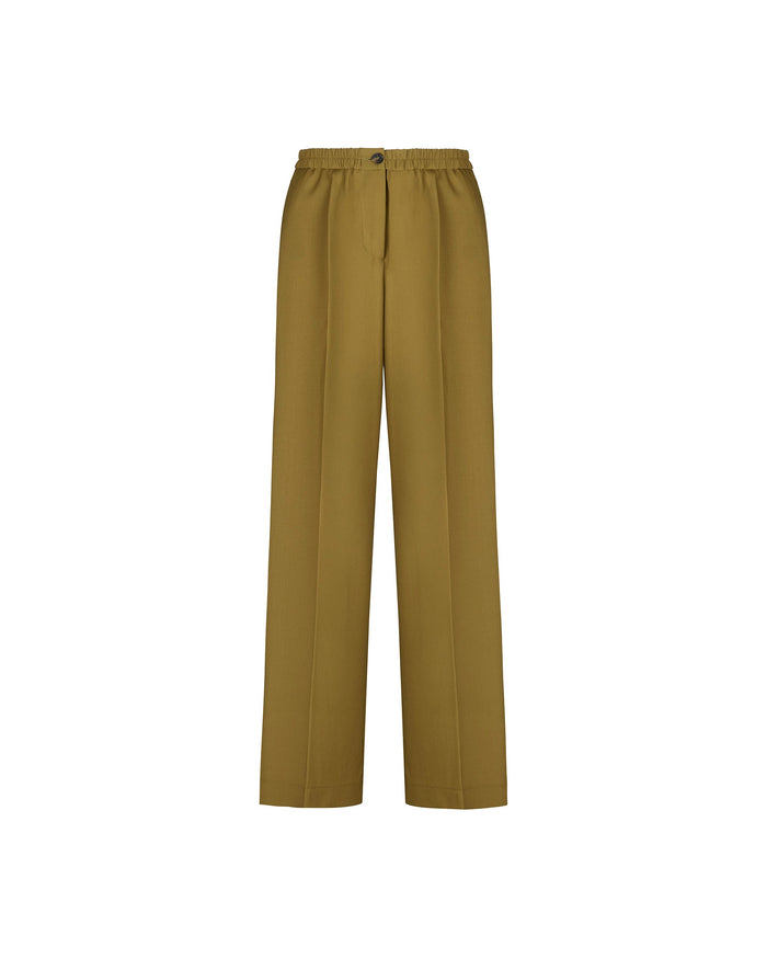 green stretch wool pleated trousers