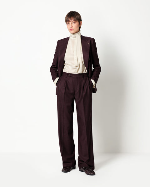 stretch wool blend twill double pleated trousers