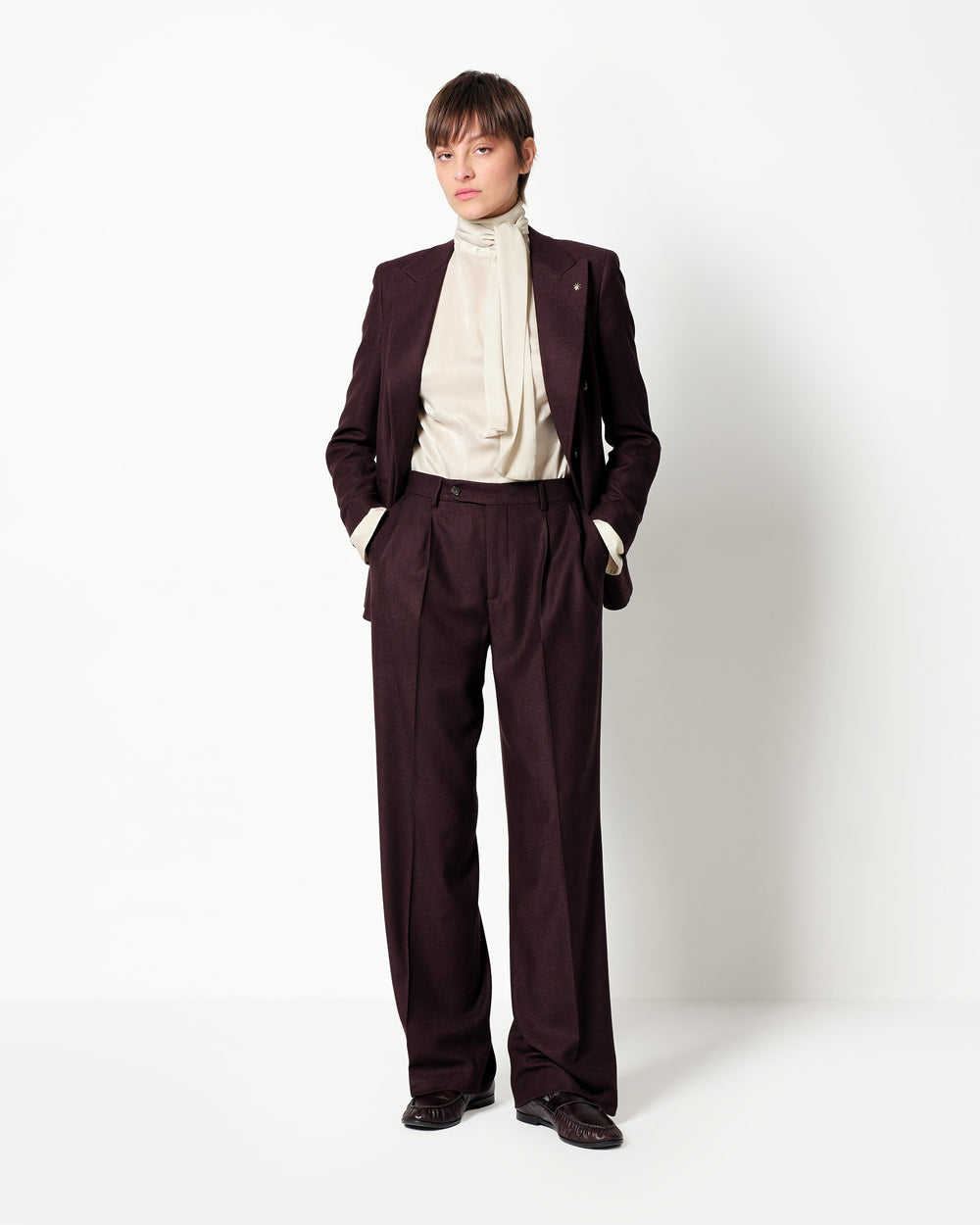 stretch wool blend twill double pleated trousers
