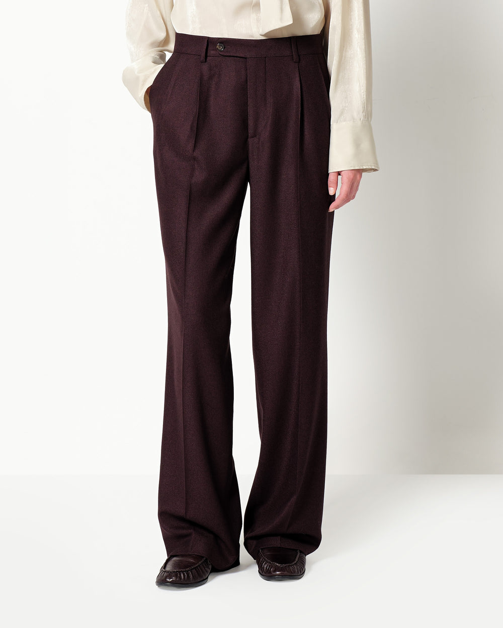 stretch wool blend twill double pleated trousers