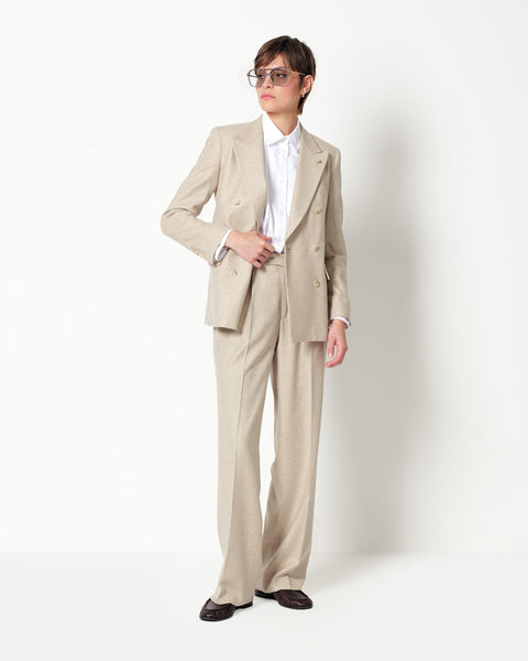 stretch wool blend twill double pleated trousers