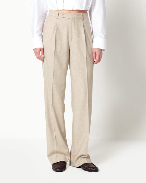 stretch wool blend twill double pleated trousers