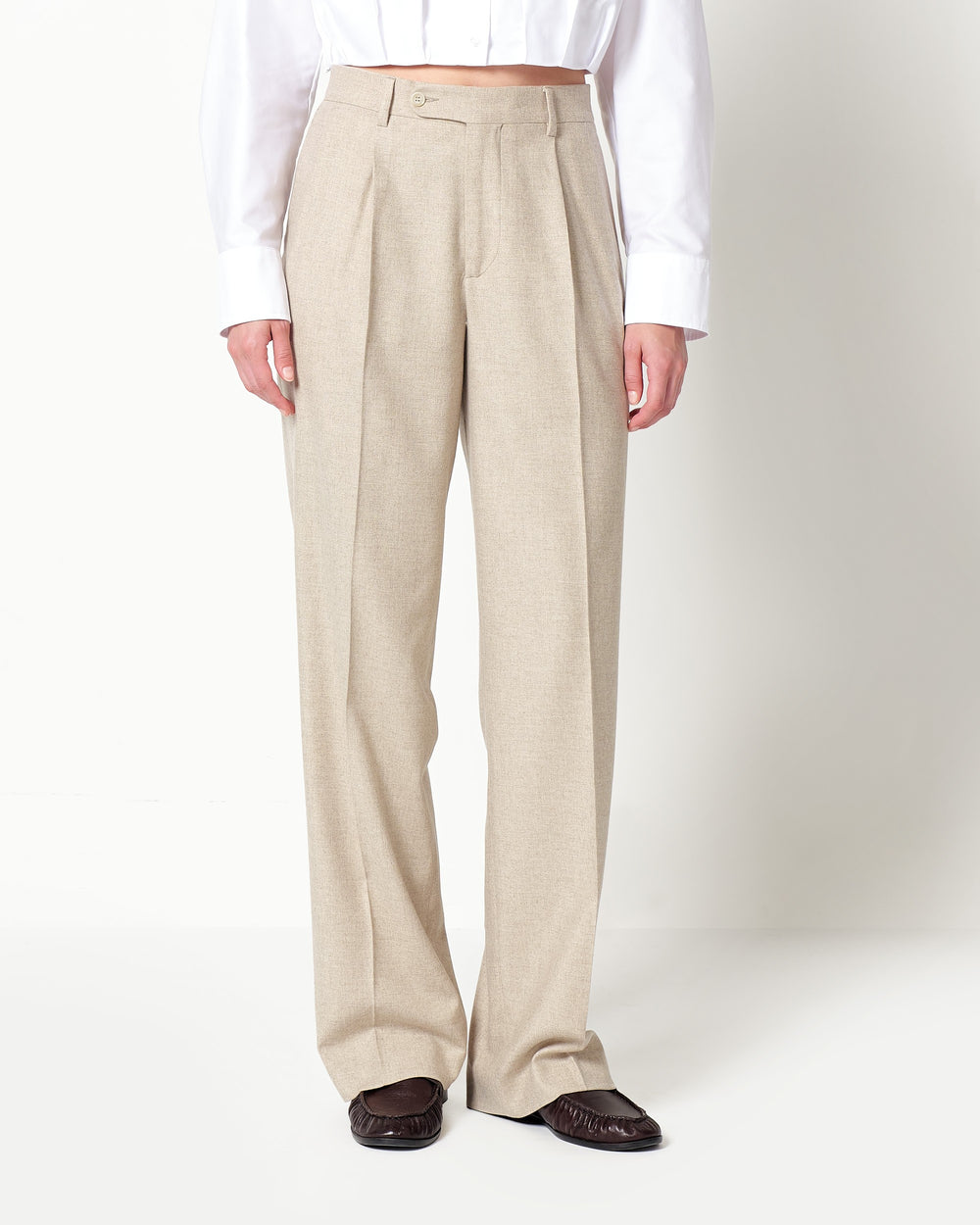 stretch wool blend twill double pleated trousers