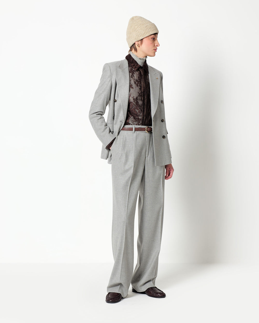 stretch wool blend twill double pleated trousers